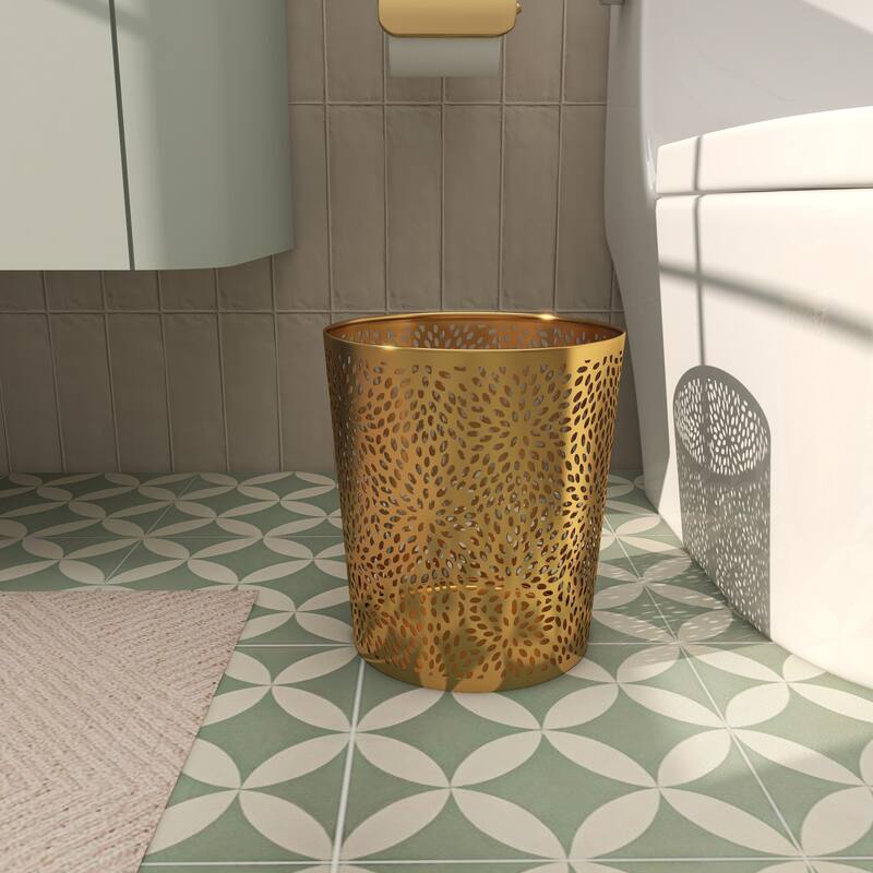 CosmoLiving by Cosmopolitan Gold Metal Small Waste Bin with Laser Carved Floral Design - 9 x 9 x 10