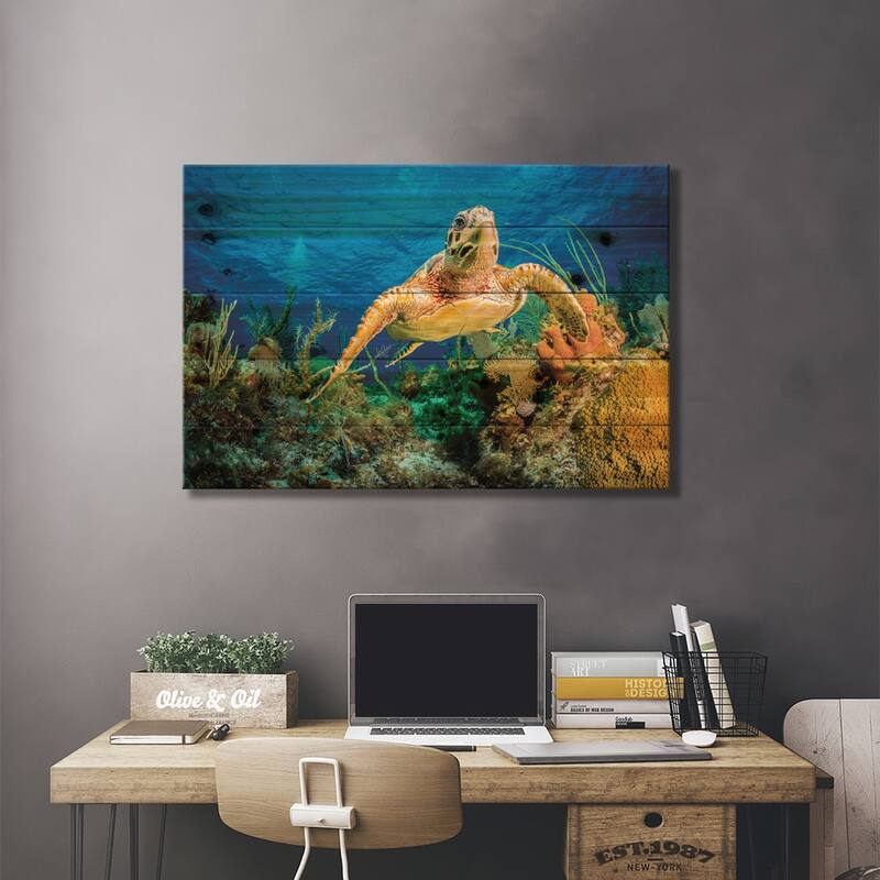 Hawksbill Turtle Swimming Through Caribbean Reef Print On Wood by Jan Abadschieff - Multi-Color