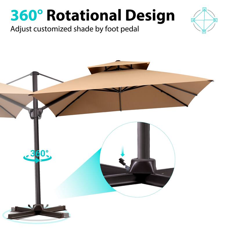 Pellebant Outdoor 10x10 FT Square Cantilever Patio Umbrella 360 Degree Rotation with HDPE Base