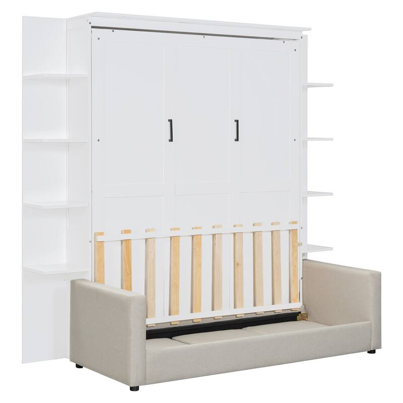 Queen Murphy Wall Bed with Built-In Sofa, Fold-Away Design, and Storage Cabinet for Space-Saving Living Spaces