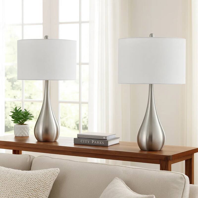 Ege Table Lamp Set of 2, Teardrop Brushed Steel Base, White Shade