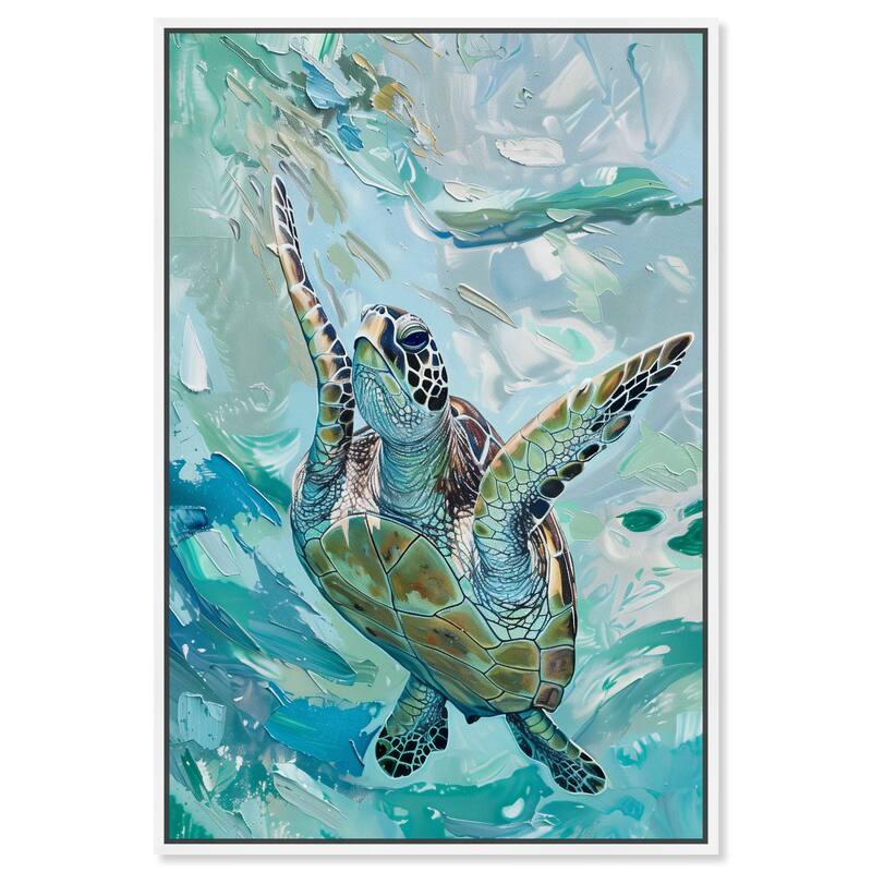 Art Remedy Serene Turtle Framed Colorful Coastal 1 Piece Canvas Wall Art - 37 x 55 - White