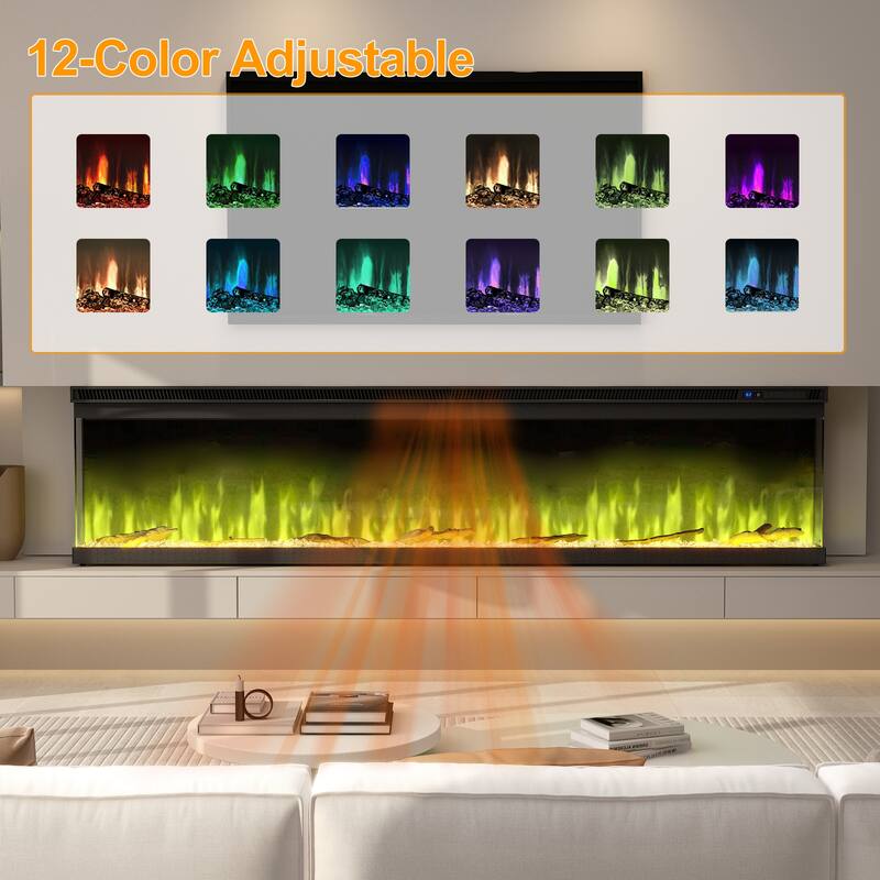 3-Sided Electric Fireplace with 12-Color Flame, Dual Heat Settings 750W/1500W, Smart App & Remote Control – 50/60/70 Inch