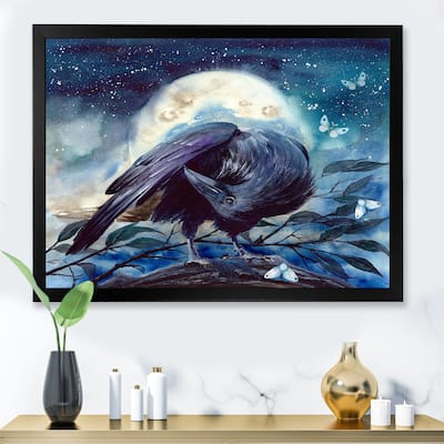 Designart "Raven On The Tree Branch With Shining Moon" Traditional Framed Art Print