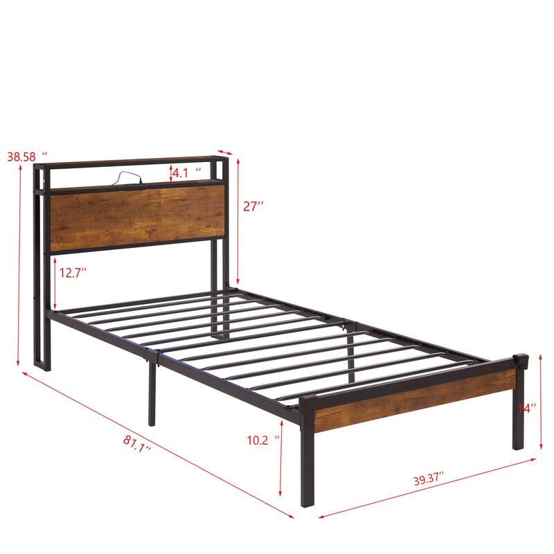Twin Size Metal Platform Bed with Wooden Headboard, LED Lights, USB Ports, Under Bed Storage, No Box Spring Required
