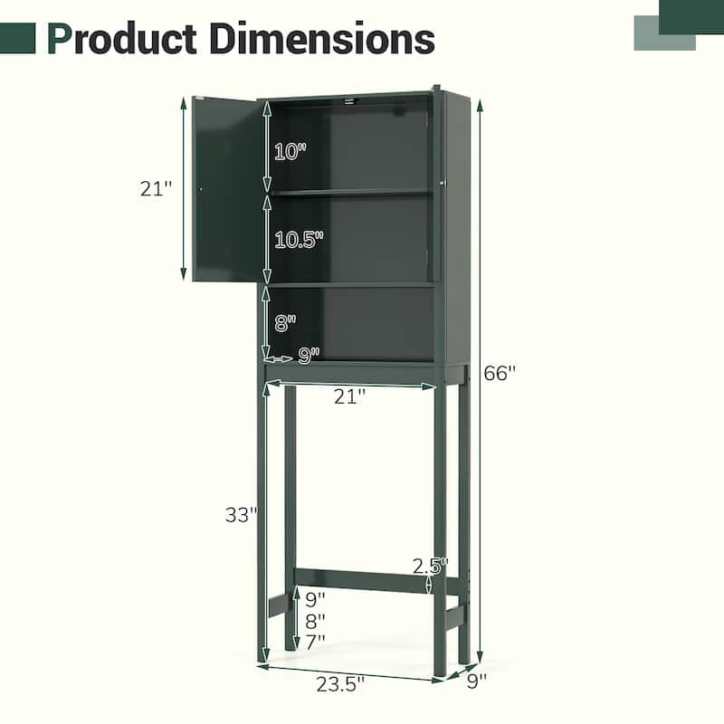 Over the Toilet Storage Cabinet with Double Doors and Adjustable Shelves Bathroom Organizer Green - 23.5" x 9" x 66"