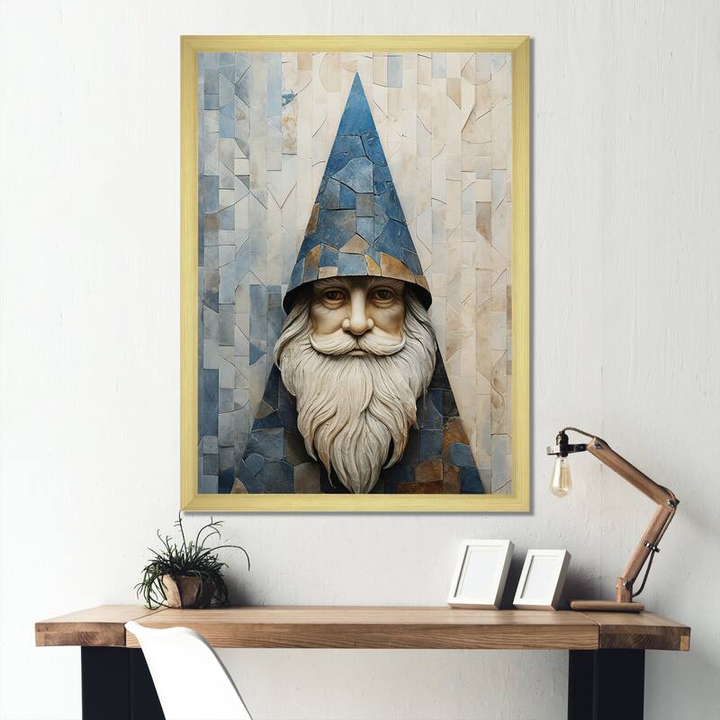 Designart "Fantasy Beige And Blue Gnome Portrait III" Gnome Framed Wall Art Prints - 12 in. wide x 20 in. high - Gold