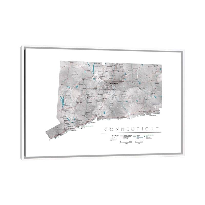 iCanvas "Detailed Map Of Connecticut" by blursbyai Framed Canvas Print - White - 18x26
