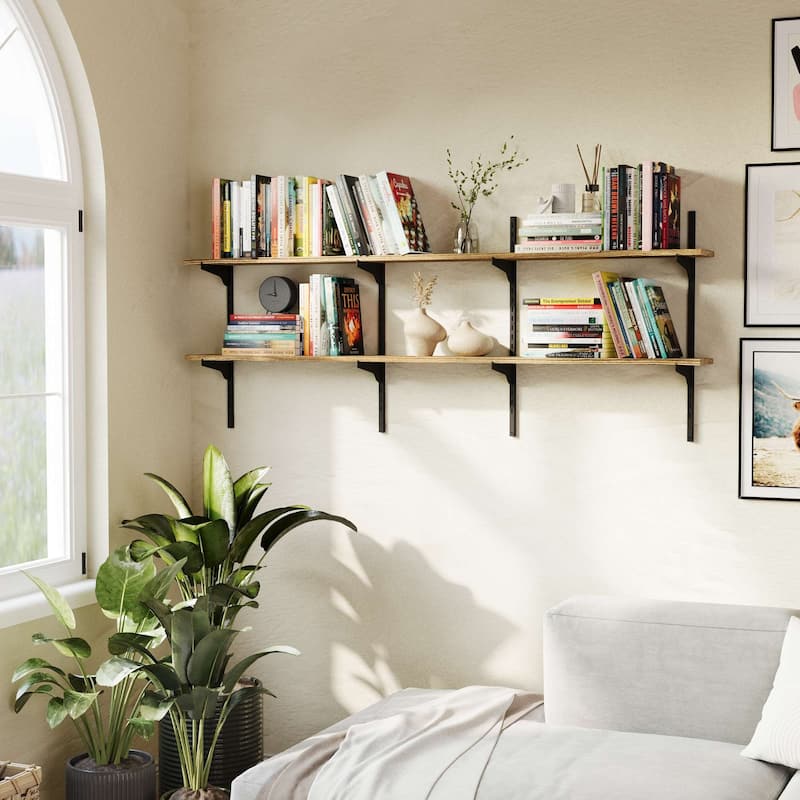 Wallniture Turin 60" Wall Mounted Shelves with Adjustable Brackets, Floating Bookhelves for Office & Living Room, 2,3 or 4 Tier - 2 Tier