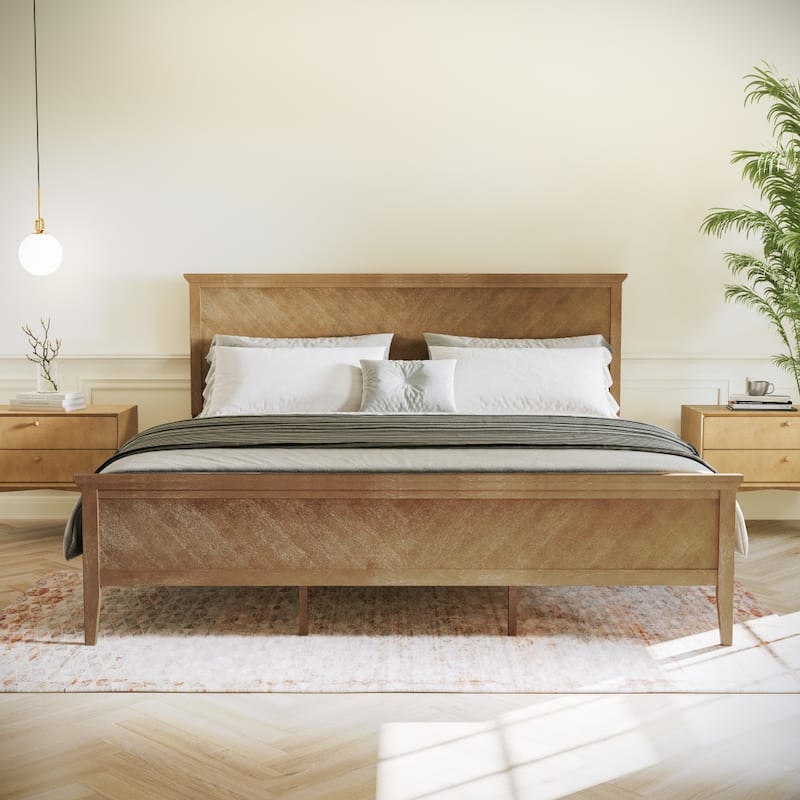 Solid Wood Platform Bed Frame with Headboard and Footboard - Light Brown - King