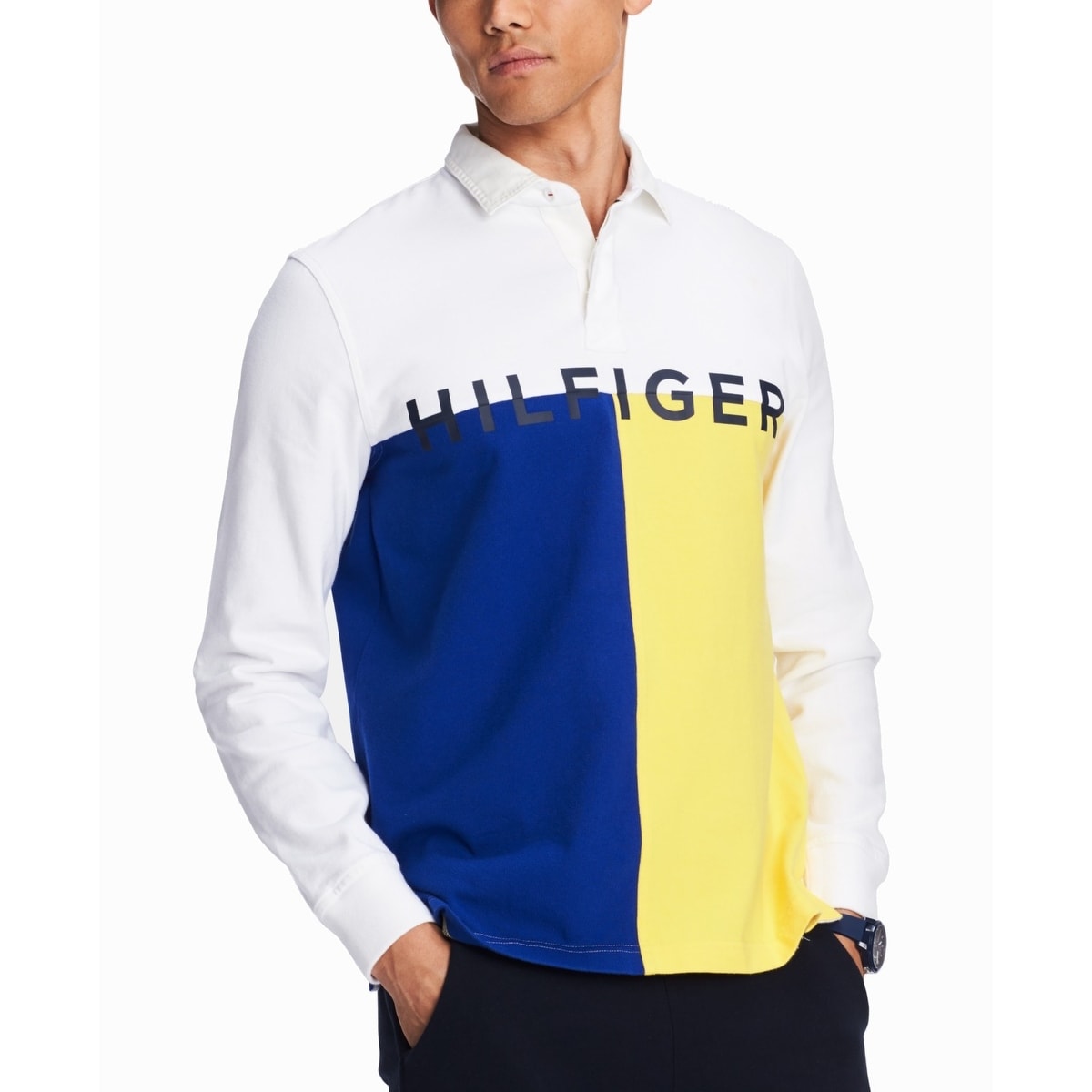 blue and yellow tommy hilfiger shirt