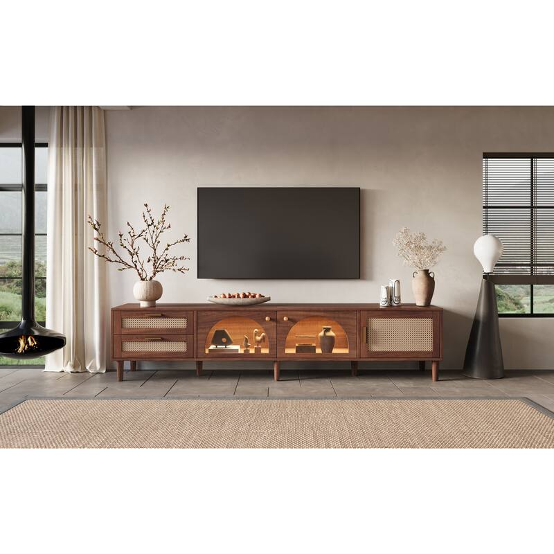 Retro 86" TV Stand for TVs up to 90", Entertainment Center with LED Lighting, 2 Drawers, Rattan Media Console with Glass Door