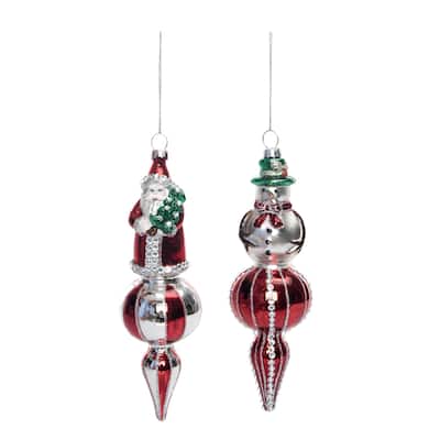 Transpac Glass Tall Decorative Santa/Snowman Ornament Set of 2 Christmas Home Decorations - Multicolor