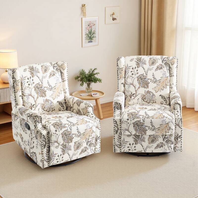 Floral Linen Manual Recliner Chair with Footrest set of 2