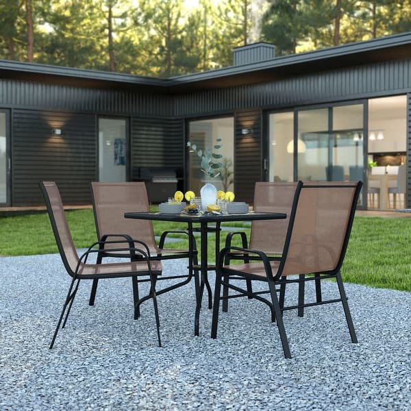 5 Piece Patio Dining Set Glass Table, 4 Flex Stack Chairs Bed Bath