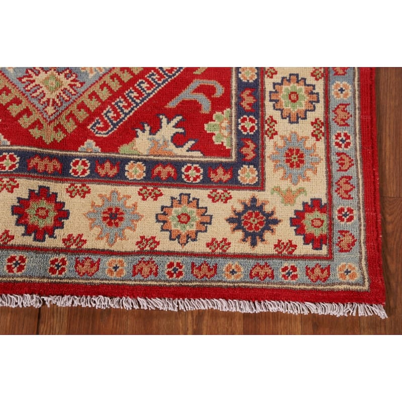 Red Geometric Kazak Foyer Rug Handmade Wool Carpet - 3'4"x 5'0"