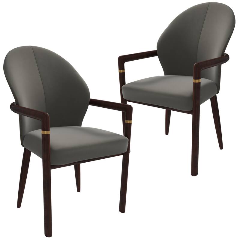 LeisureMod Set of 2 Modern Leather/Velvet Dining Chair - Elegant Armchair with Gold Accents for Home Office & Kitchen - Khaki