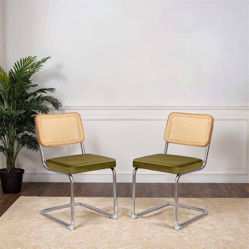 Dining Chairs,Velvet Rattan Side Accent Chairs with Chrome Legs,2 PCS