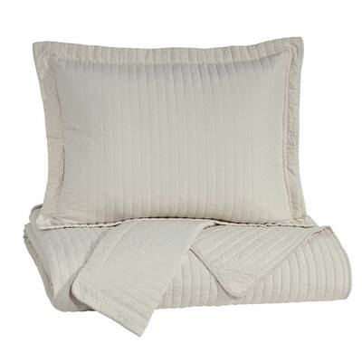 3 Piece Fabric King Coverlet Set with Stitched Ribbing Texture, Cream