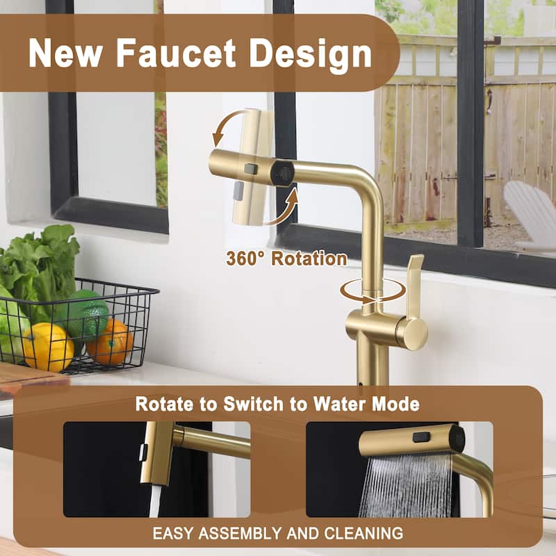 Single Handle Pull Down Sprayer Kitchen Faucet with 3 Functions Spray