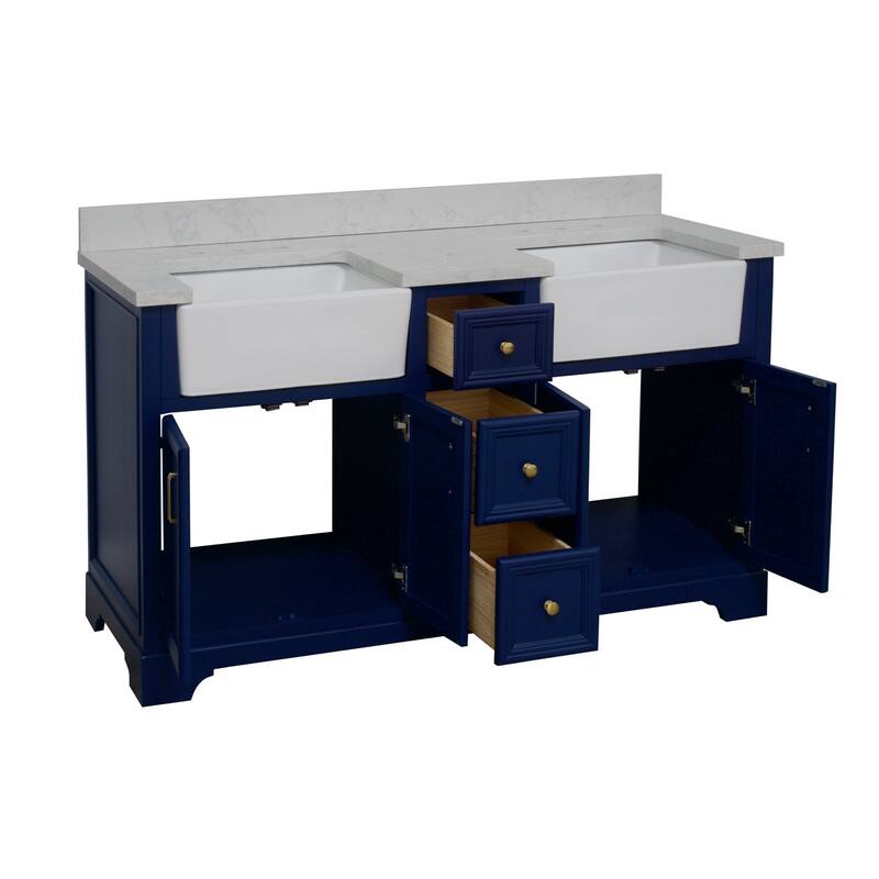 KitchenBathCollection Zelda 60" Double Farmhouse Bathroom Vanity with Engineered Carrara Top