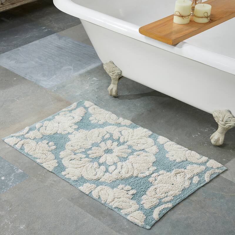Better Trends Medallion Collection 100% Cotton 2-Pc Set Bathroom Rugs-Soft & Super Absorbent, Non-Skid Latex, Machine Washable - 2 Piece Set (17" x 24" | 24" x 40") - Blue & Natural