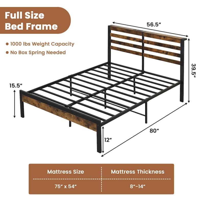 Costway Full Industrial Metal Platform Bed Frame Charging Station