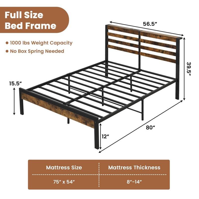 Industrial Metal Bed Frame Charging Station Mattress Foundation - Full