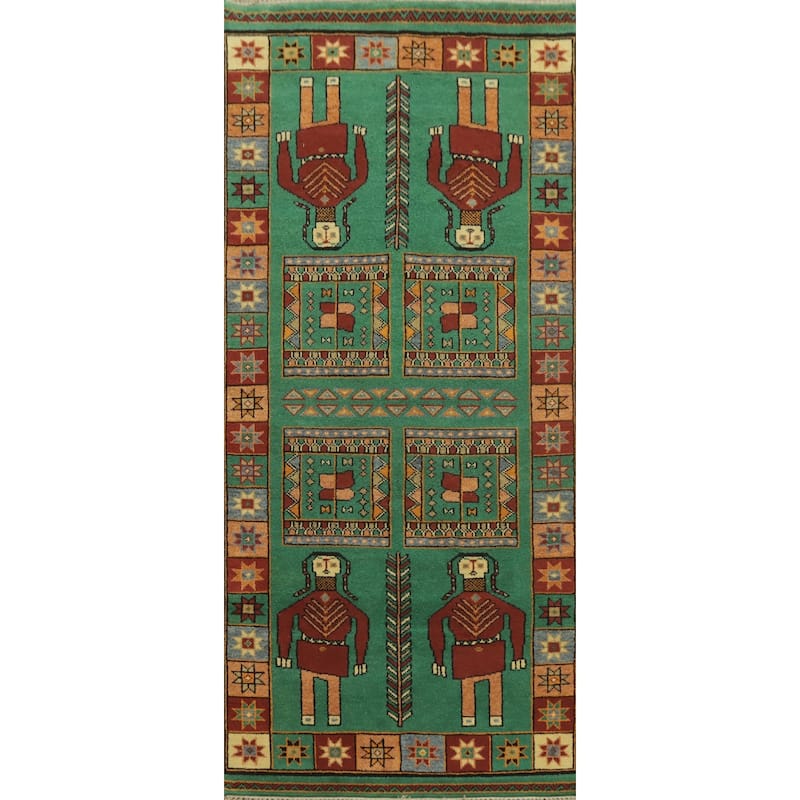 Hand-knotted Traditional Wool Green Geometric Oriental Area Rug - 10' 1'' X 4' 1''