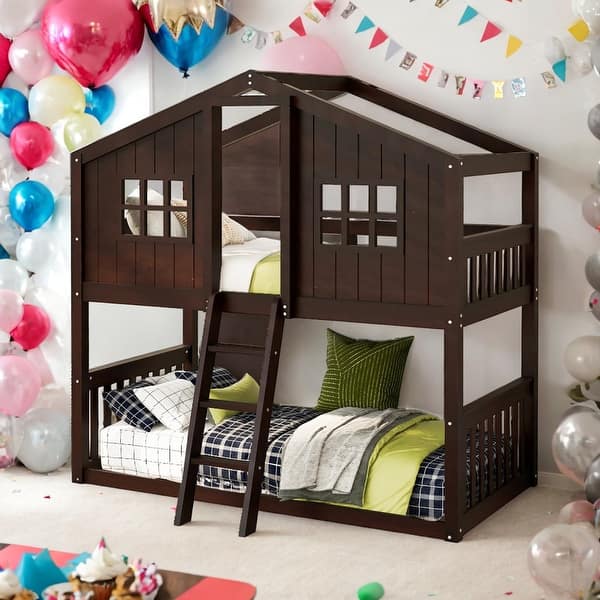 slide 2 of 42, Multifunction Twin Over Twin House Bunk Bed With Ladder For Bedroom Espresso