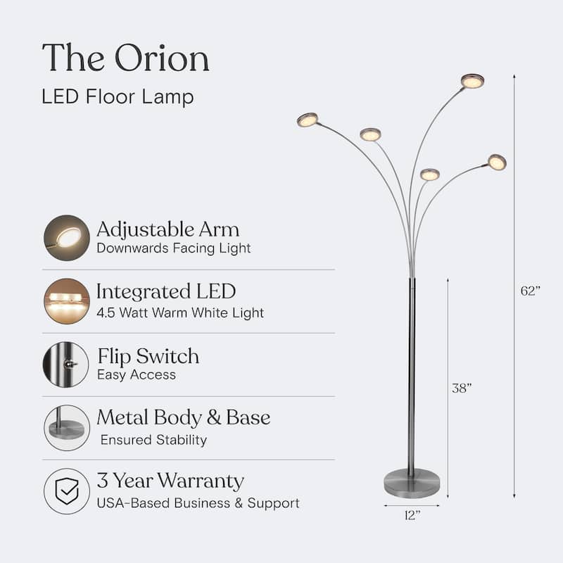 Brightech Orion 74 in. Industrial 5-Light LED Super Bright Floor Lamp with 5 Adjustable Swing Arm Heads