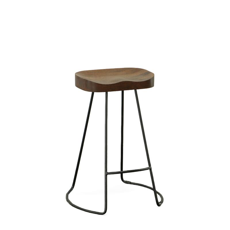 25” Set of 2 Backless Mango Wood Seat Bar Stool with Steel Frame and Footrest for Kitchen Island - 25.25”H x 18.5”W x 17”D