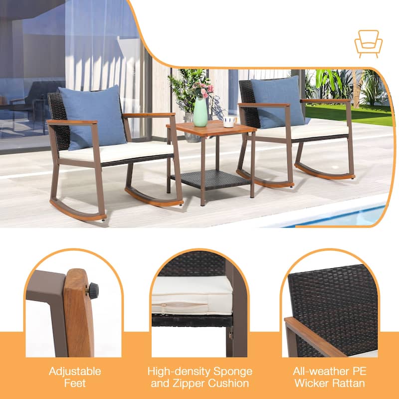 Outdoor 3 Pieces Wicker Rocking Bistro Chair Set with Coffee Table and Cushions, Mix Brown