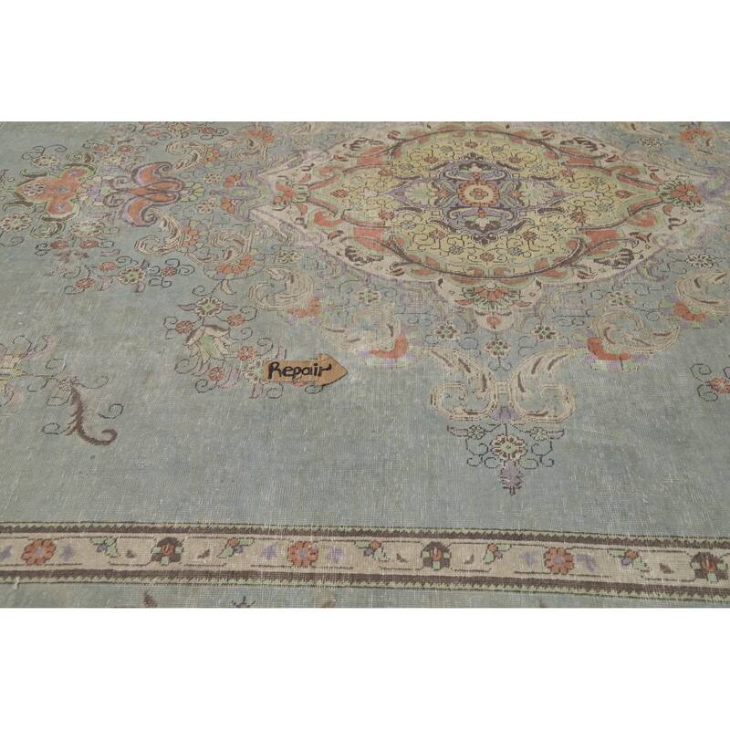 Light Blue Medallion Tabriz Persian Vintage Wool Carpet - 9'7" x 12'8"