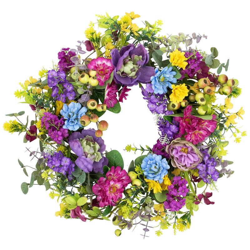 Eucalyptus, Peony and Zinnia Floral Spring Wreath - 24"