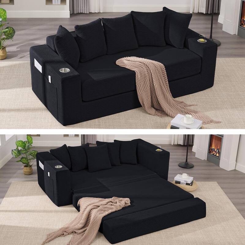 2-in-1 Convertible Sleeper Sofa, Floor Folding Couch, Sofa Bed with Side Pocket, Pull Out Loveseat with Cup Holders