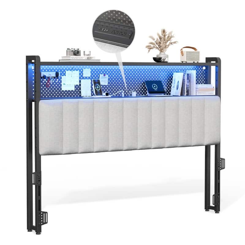 Adjustable Upholstered Headboard with 2 Tier Shelves with Charging Stations and LED Lights, Modern Bed Headboard with Storage - Linen and light gray - Queen