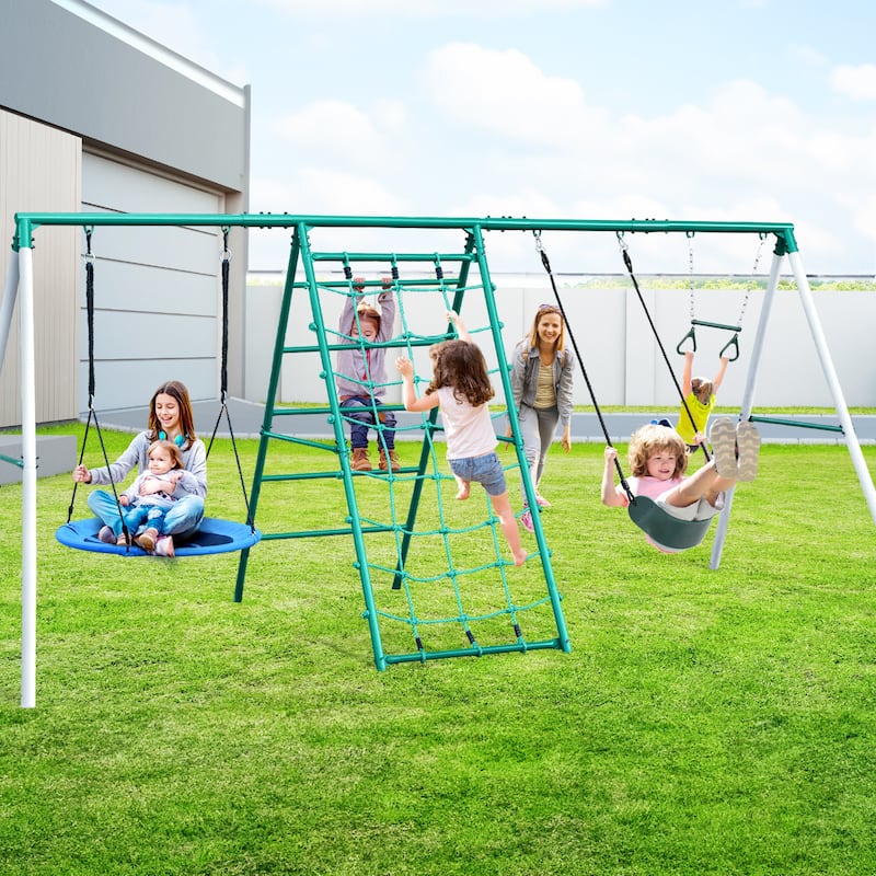 600lbs Swing Sets for Backyard With Saucer Swing, Trapeze Monkey Bar, Belt Swing, Climbing Rope, Climbing Ladder