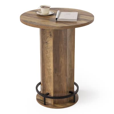 Round Bar Table, 39.4" H Wooden Bistro Pub Table with Metal Footrest