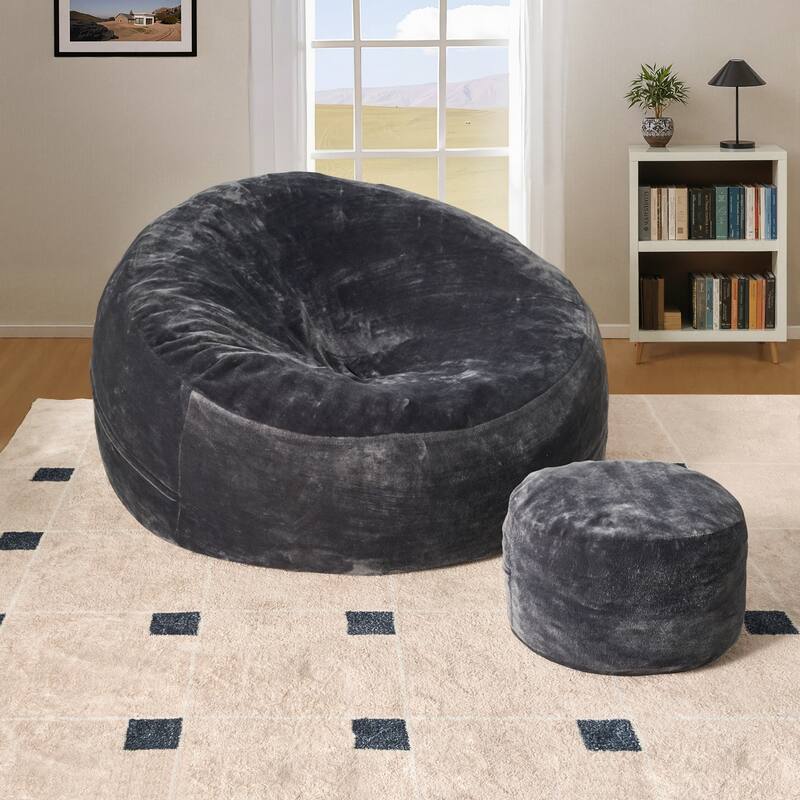 HOOOWOOO Dutch Velvet Fabric Bean Bag Chair with Ottoman - Grey