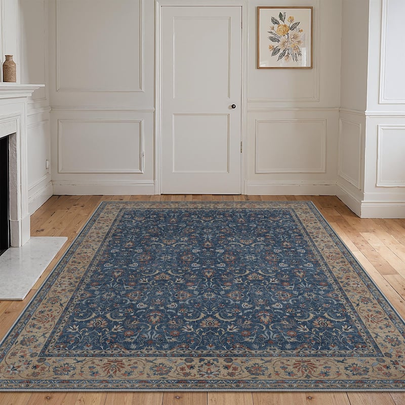 Mcow Vintage Floral Low-Pile Machine-Washable Area Rug