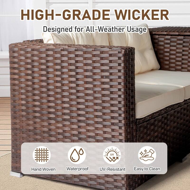 Patio 4-Piece Wicker Sectional Set with 2 Loveseats, Hydraulic Storage Box & Pet House Table