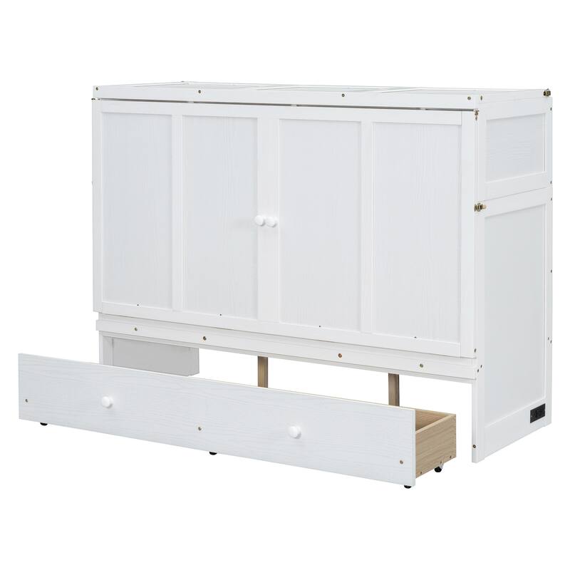 Queen Size 2-in-1 Murphy Bed Cabinet with Space Saving Design with Built in USB/Power Outlets, Large Storage Drawer