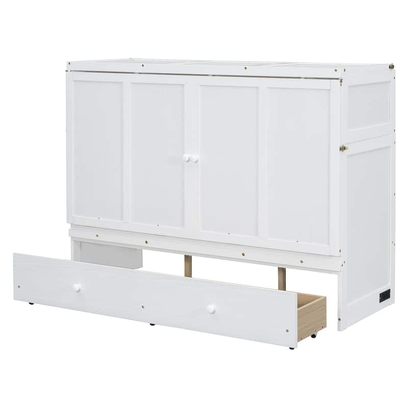 Queen Size Murphy Bed with USB Port, Large Drawer, and Space-Saving Design, White