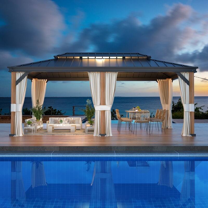EROMMY Hardtop Gazebo Metal Gazebo with Faux Wood Grain Aluminum Frame, Outdoor Patio Gazebo Pergola