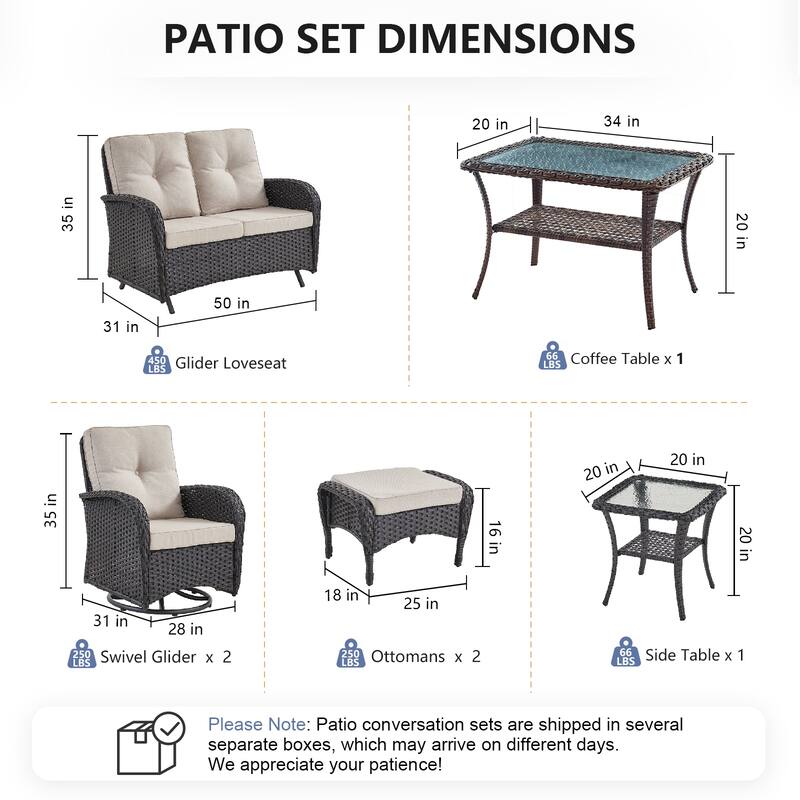 Pocassy 7 Pieces Glider Sofa with Swivel Chairs Ottomans Table