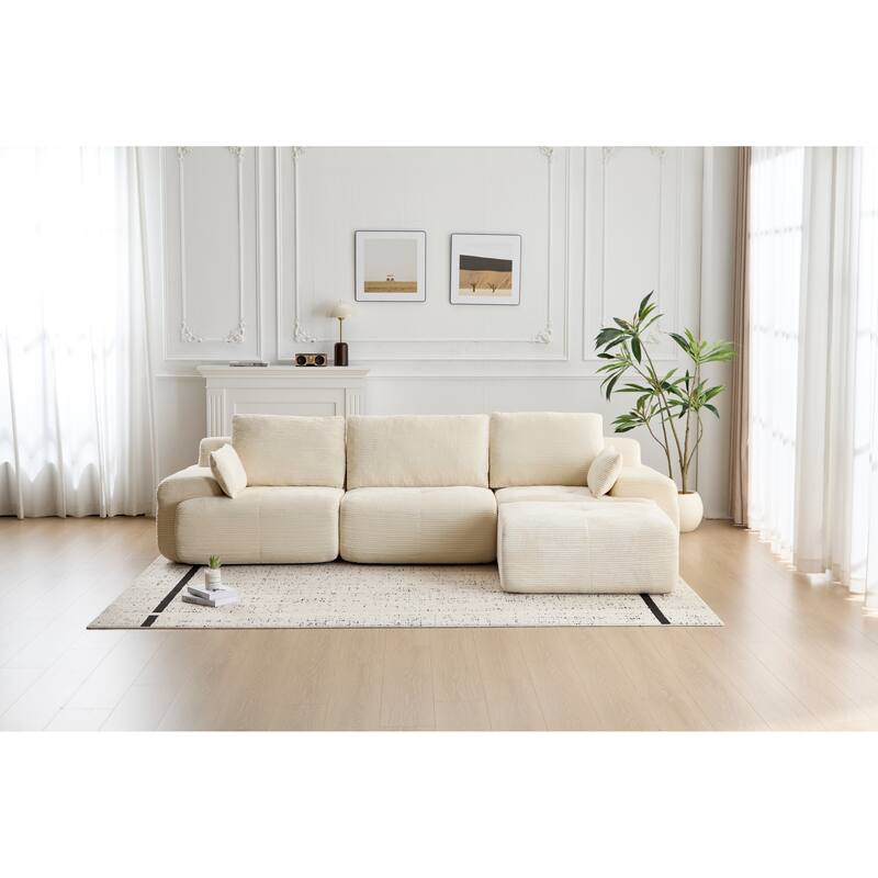 L Shaped Modular Sectional Sofa with Ottoman, Corduroy Upholstered Cloud Sofa, Compressed Sofa with Cushions & Throw Pillows