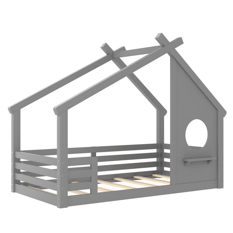 Twin House Floor Bed with Window and a Small Shelf, Solid Wood Floor Bed with House-shaped Roof, No Spring Box Needed