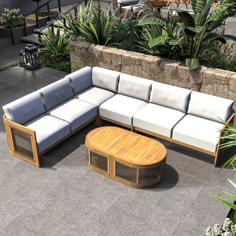 Modern Outdoor Modular Woven Conversation Sofa Set with Acacia Frame and Oval Coffee Table - 5-seater