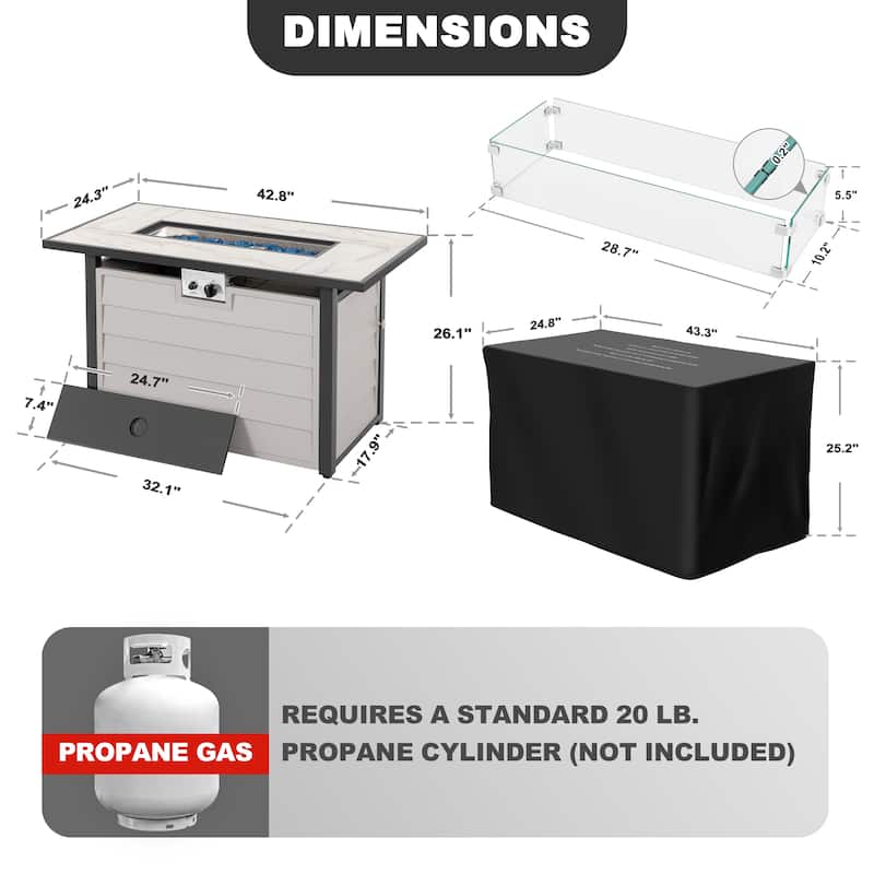 43'' Outdoor Propane Gas Fire Pit Table with Marble Texture Glass Tabletop, Ivory White